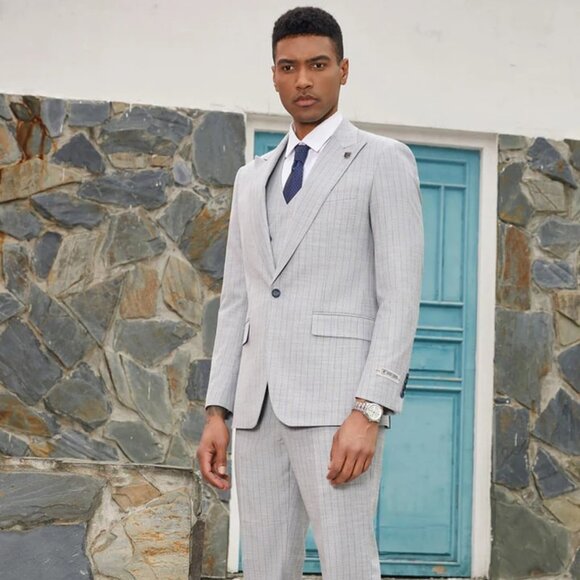 Light Grey Suit - Silver Gray Suit For Wedding - Men's Stacy Adams Vested One Bu - Picture 1 of 6